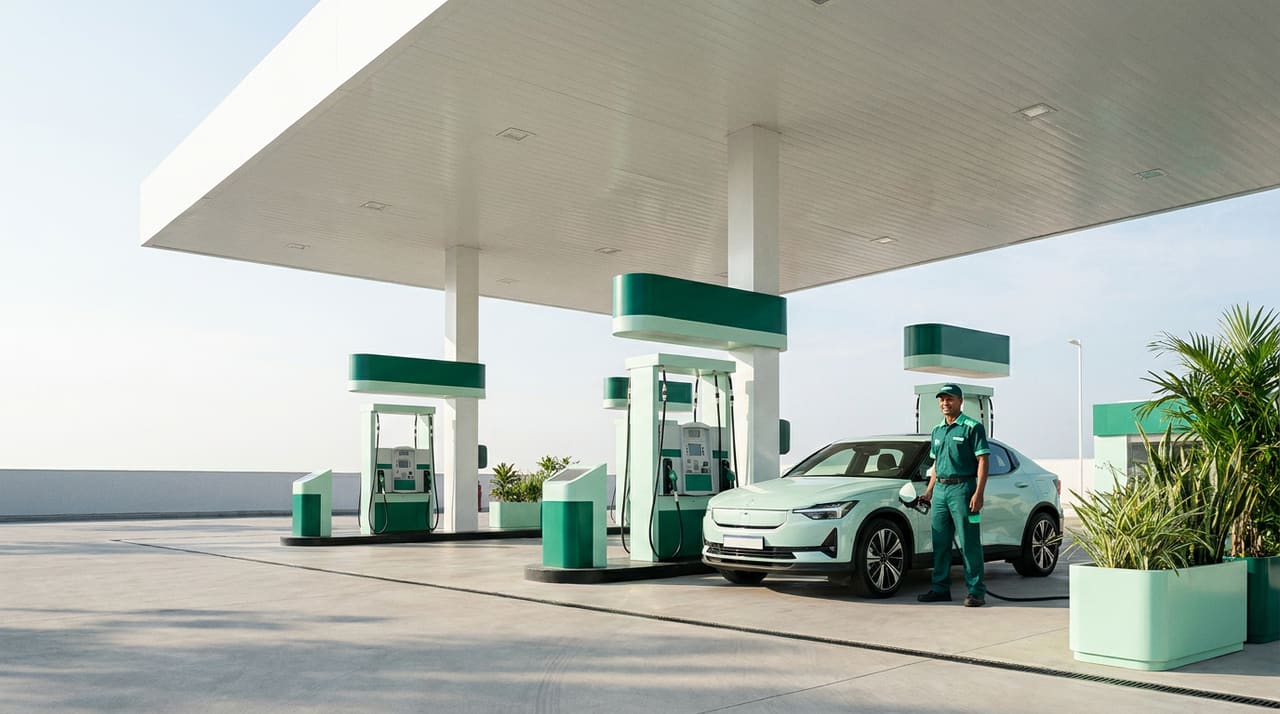 Pista de posto de combustível moderno com frentista atendendo um cliente
